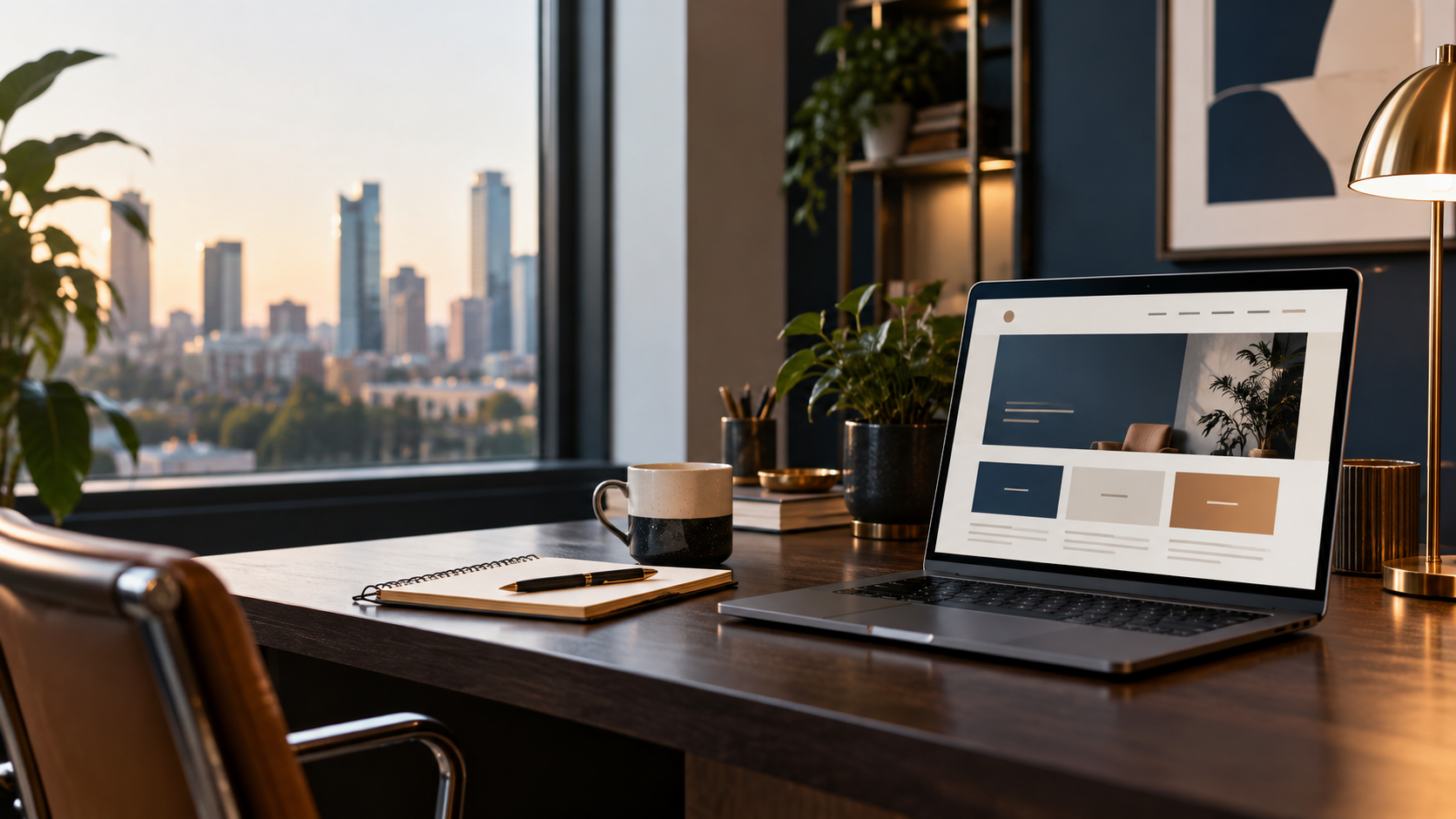 A clean service website displayed on a laptop in a bright workspace
